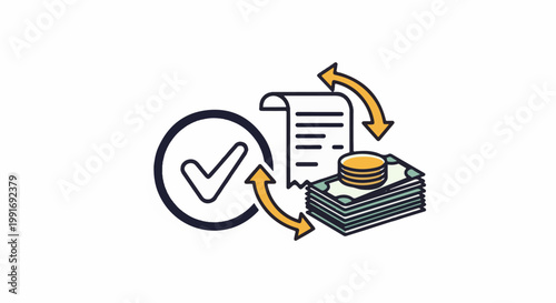 Stylized illustration of financial transaction with checkmark, receipt, and cash
