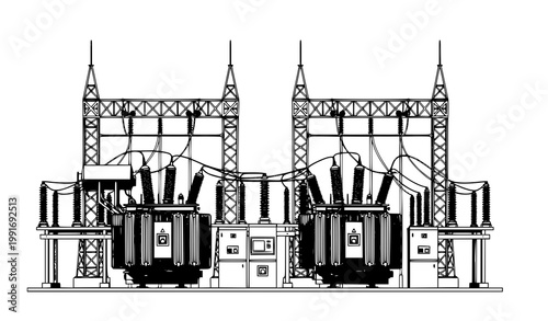 High voltage substation vector illustration with switchgear electrical power equipment isolated