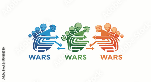Stylized footsteps with arrows and the word "WARS" in blue, green, and orange