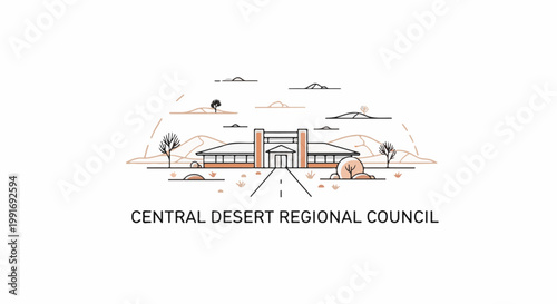 Stylized desert landscape with a central building and road
