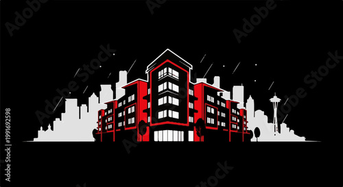 Stylized cityscape with modern red and black buildings