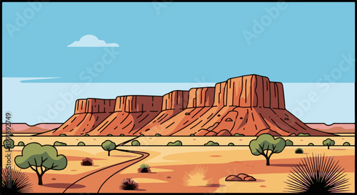 Stylized desert landscape with flat-topped mesas and sparse vegetation