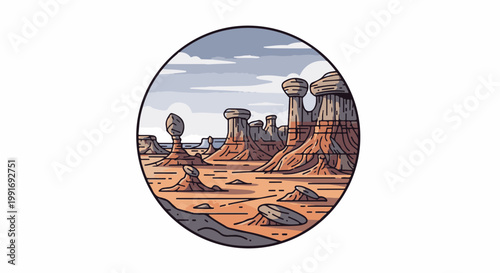 Stylized desert landscape with hoodoos under a cloudy sky