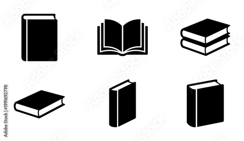 Foto Minimalist book icon set, black silhouette library symbols, collection of 6 vect