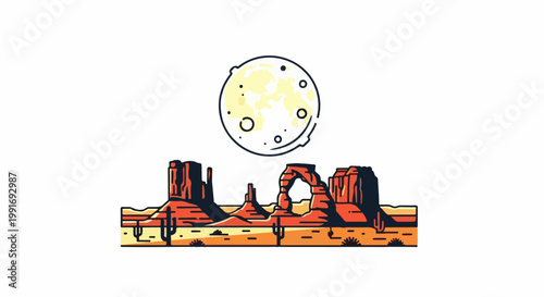 Stylized desert landscape with sandstone formations and a full moon overhead