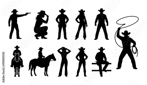 Wild West cowboy silhouettes set, 11 western character vector icons, black cowgirl and rancher figures with lasso and horse, rustic frontier people