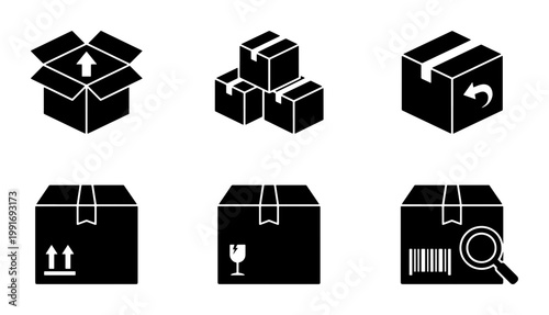Logistics and shipping box icons set, black cardboard package symbols for delivery and warehouse, 6 vector elements for ecommerce and freight
