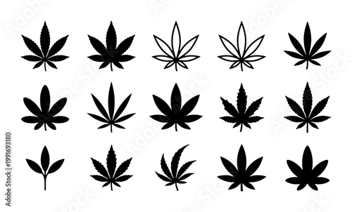 Cannabis leaf icons set, 15 marijuana leaf vector silhouettes, black hemp foliage symbols for medical dispensary branding and cbd product packaging