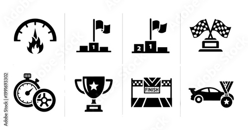 Racing car competition icons set, black silhouette motorsport symbols, 8 vector elements for automotive sports and tournament branding