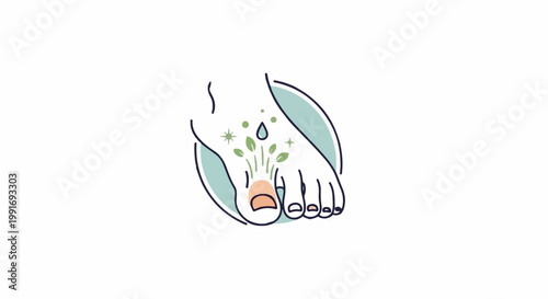 Stylized illustration of a clean, healthy foot with green sprouts and water droplets