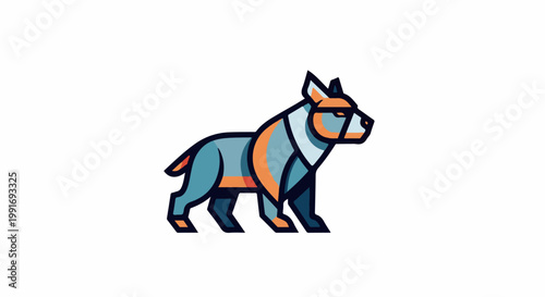 Stylized geometric canine illustration in cool tones with warm accents