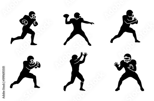 American football player silhouettes, set of 6 athlete vector icons, black sport figures in action poses, quarterback and receiver graphics