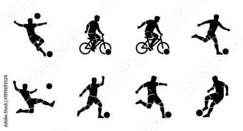 Athletic sports silhouettes set, soccer players kicking ball and cyclists riding bikes, black vector icons of football athletes and mountain bikers
