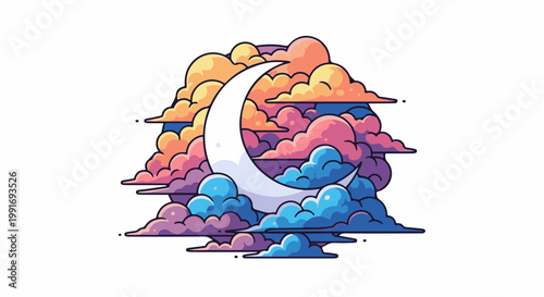 Stylized crescent moon nestled among vibrant, pixelated clouds at twilight