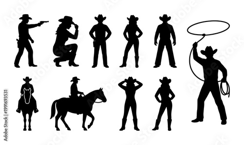 Photos Wild West cowboy silhouettes set, black western outlaw and cowgirl vector icons,
