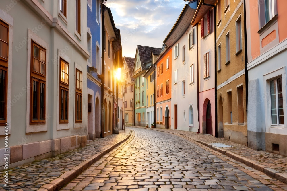 Fototapeta premium Colorful old town street with sun setting on cobblestone alley