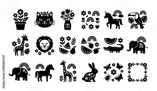 Schilderij op canvas Scandinavian folk art animal icons, 18 black silhouette nature elements, minimal