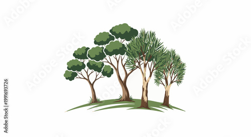 Stylized illustration of a cluster of four diverse trees on a white background