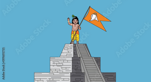 Little Lord Krishna standing on temple steps with saffron flag.