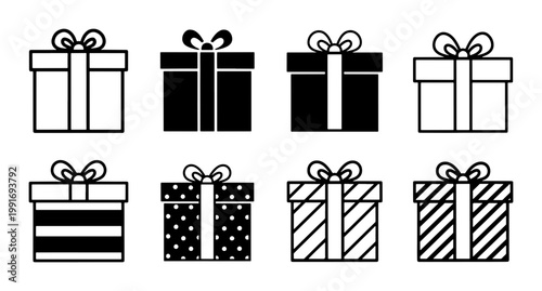 Minimalist gift box icon set, black and white present symbols with ribbons, 8 vector holiday surprise elements for e-commerce and greeting cards