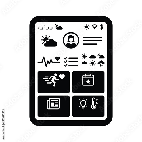 Black and white smartphone screen displaying weather forecast, fitness tracker, calendar, news feed, and thermometer