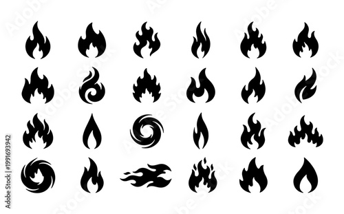 Black fire flame silhouette icons, set of 24 burning fire symbols and bonfire sparks, minimalist heat and energy vector elements for logo design