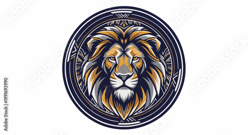 Stylized lion head emblem with a circular geometric border