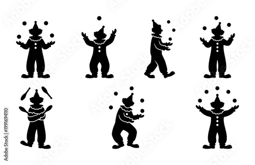 Fotografi Circus clown silhouette vector set, juggling performer icons in black and white,