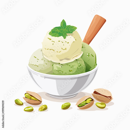 Pistachio Ice Cream Bowl with Mint and Pistachios