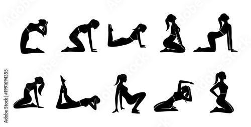 Yoga silhouette collection of 10 female poses, black fitness woman silhouettes in stretching and workout positions, vector exercise icons