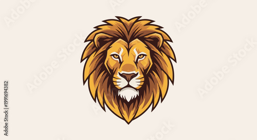 Stylized lion's head with a magnificent mane, front view, in warm colors