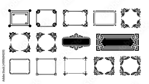 Vintage decorative frames and borders set, 14 black ornamental vector elements, elegant victorian filigree labels for wedding invitations and certificates