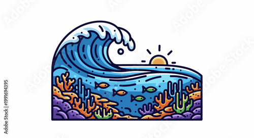 Stylized ocean wave with coral reef, fish, and sunset over water