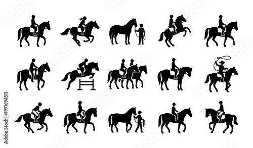 Tableau sur toile Horse riding silhouettes set, equestrian sport icons collection of 15 vector ele
