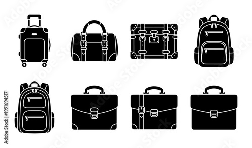 Travel luggage and bag icons set, 8 black silhouette vector elements, suitcase and backpack collection, briefcase and duffel bag symbols for tourism
