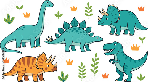 Cute dinosaur collection set with cartoon prehistoric animals stegosaurus triceratops and tyrannosaurus vector illustration