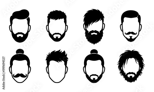 Barber shop hair and beard styles vector set, masculine male haircut icons with facial hair, 8 modern men grooming silhouettes for salon branding