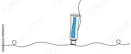 Toothpaste tube balancing upright on decorative wavy line background. no editable strokes