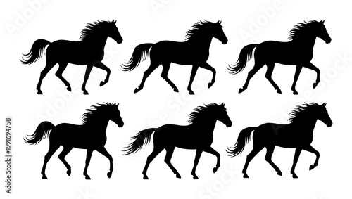 Black horse silhouette collection, set of 6 galloping stallion vector icons, wild mustang running profile shapes for equestrian logo design