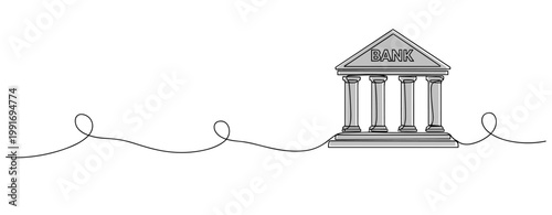 Bank building standing positioned on wavy line representing finance. no editable strokes