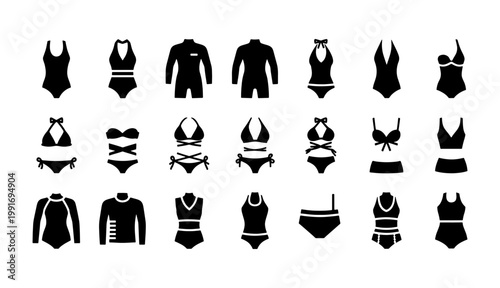 Minimalist swimwear icon set, black silhouette bikini and swimsuit vector collection, 21 beachwear and wetsuit symbols for summer fashion web design