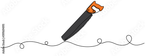 Hand saw angled on continuous line in white background. no editable strokes