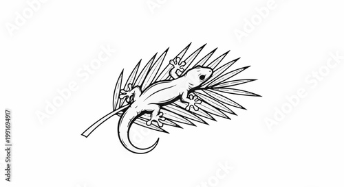 Stylized lizard clinging to a spiky palm frond, rendered in black and white line art