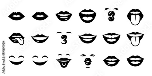Retro comic style mouth expressions set, 18 black and white lip icons, vintage pop art female smile and tongue vector illustrations for stickers