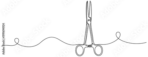 Surgical scissors standing upright on continuous line background. no editable strokes