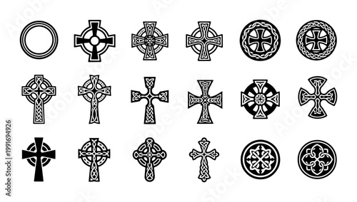Celtic cross vector icons set, traditional Irish knotwork symbols, 18 black and white religious crucifix elements, ancient spiritual heritage ornaments