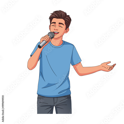 Adolescent boy singing with microphone and smiling in casual outfit  