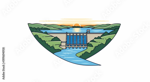 Stylized illustration of a dam with a lake and river at sunset