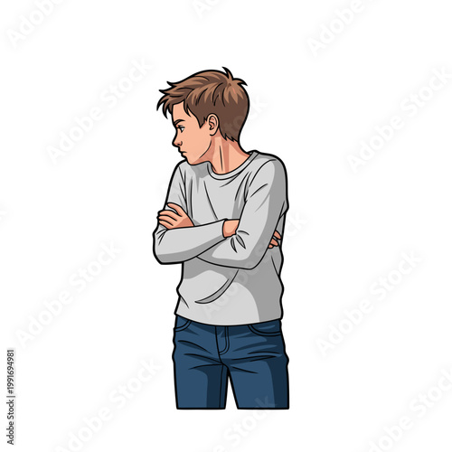 Adolescent boy standing with arms crossed looking sideways  