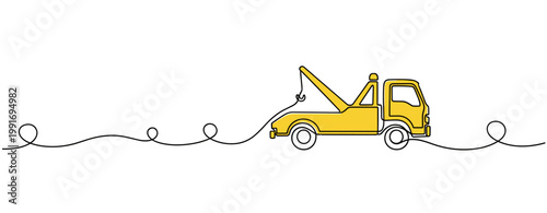 Yellow tow truck driving along minimalist white background. no editable strokes